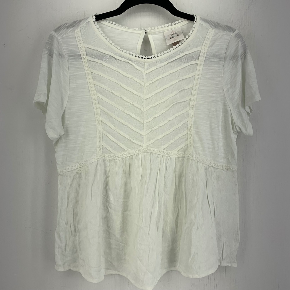 Knox Rose Womens Medium Pintuck Peplum Blouse Lace Trim Boho Top Peasant‎ Gauzy